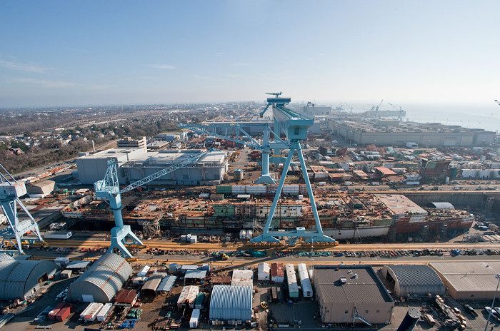 An aerial view shows the USS Gerald R. Ford during its completion process.