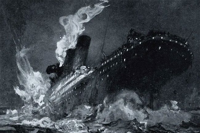 Painting of the Titanic sinking after hitting an iceberg.