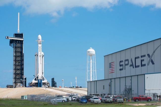 SpaceX Falcon Heavy rocket on the launch pad.