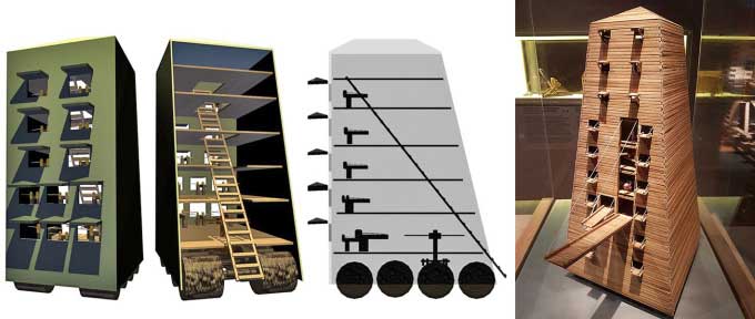 3D simulation and cross-section of the Helepolis tower (left)