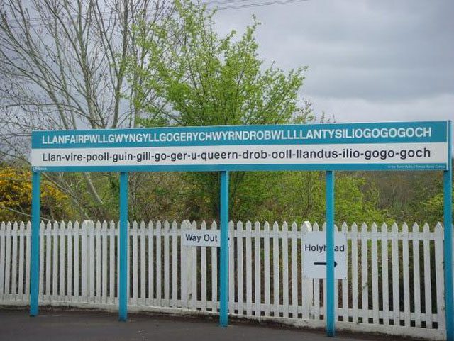 Welcome sign when arriving at the town with the longest name in Europe.