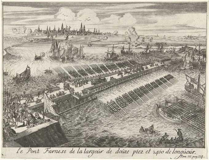 Illustration of a bridge over the Scheldt River built as a barricade during the siege of Antwerp