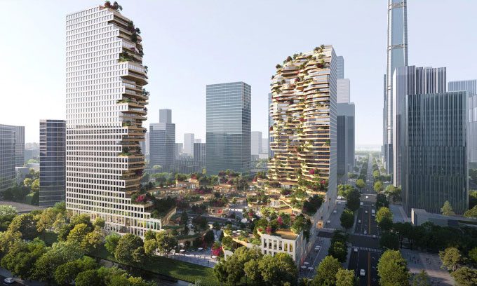 Unique design of the two Oasis Towers in Nanjing, China.