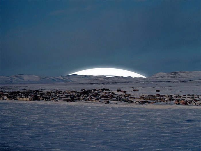 The further from the equator, the more the shape of the ring changes.