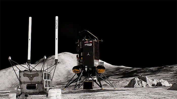 Model of a rover with Nokia 4G/LTE network transmission antenna on the Moon