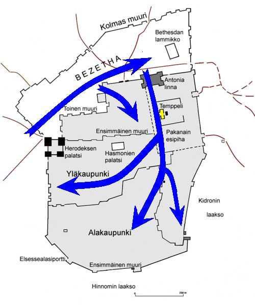 The path of the Roman attack on Jerusalem in 70 AD.