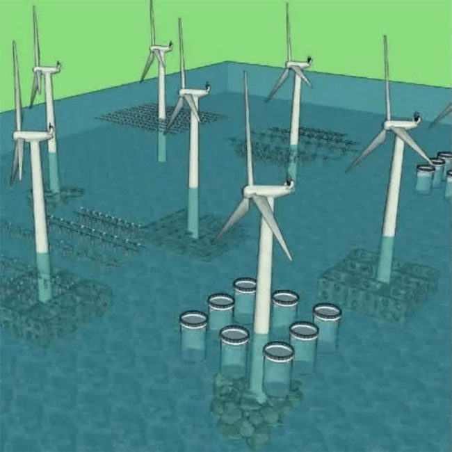 A sketch of a fish farming + offshore wind energy farm.