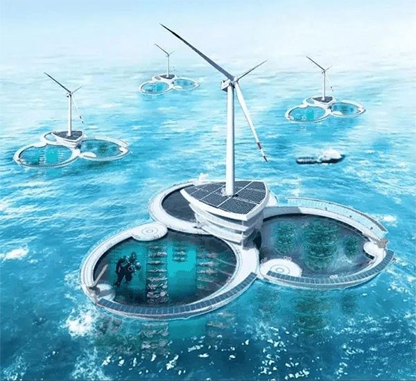 A sketch of a fish farming + wind energy farm.