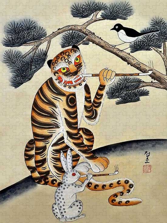 The motif of a tiger smoking is particularly popular in painting.