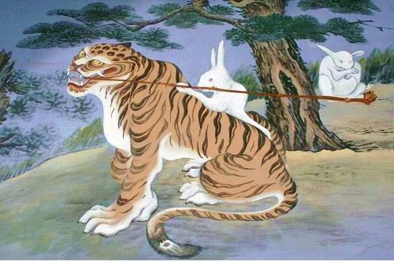 Tiger holding a smoking pipe in Korean culture.