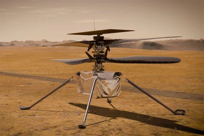 Simulation of the Ingenuity helicopter on Mars.