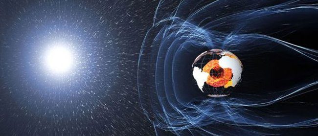 Image of Earth's protective magnetic field and the dynamo effect in the core that generates the magnetic field