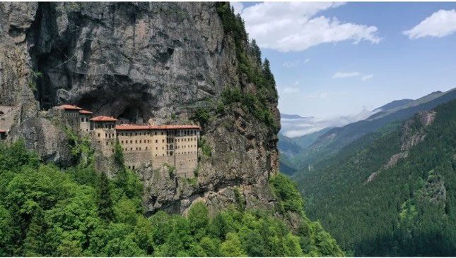 Sümela Monastery is located nearly 300m above the valley below.