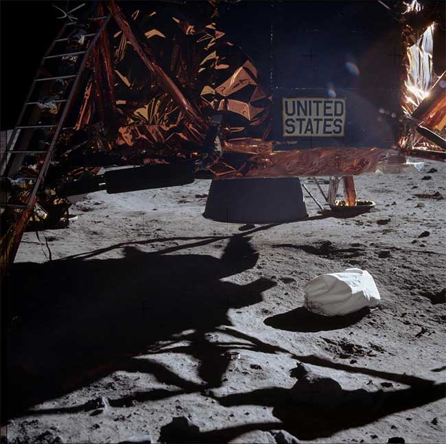 The first photo taken on the Moon by Neil Armstrong featuring a waste bag.