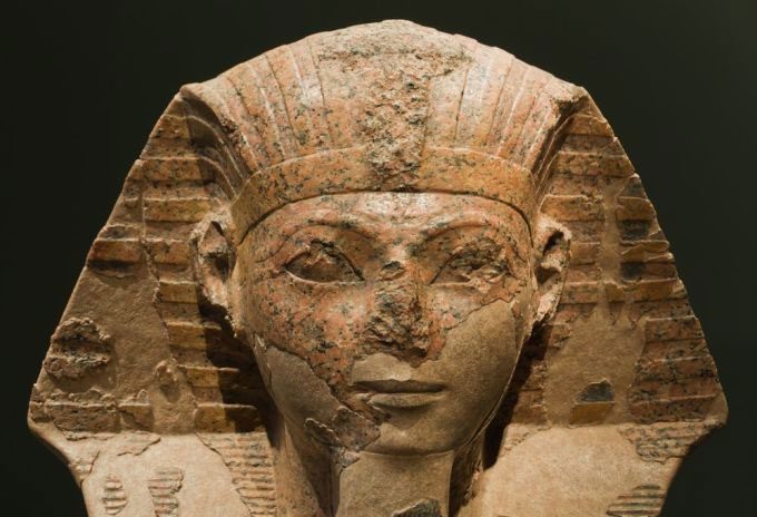 A sphinx statue with the face of Queen Hatshepsut.