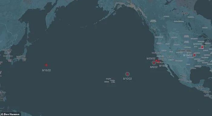 A diagram showing some locations and dates when pilots reported UFO sightings