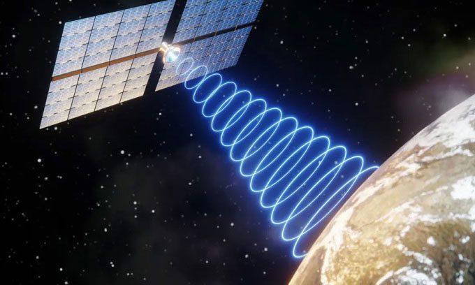 Simulation of a satellite transmitting data to Earth.