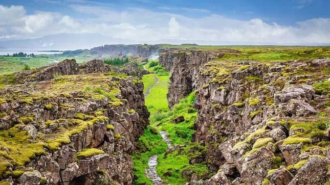 The crack between the North American and Eurasian tectonic plates is clearly visible.