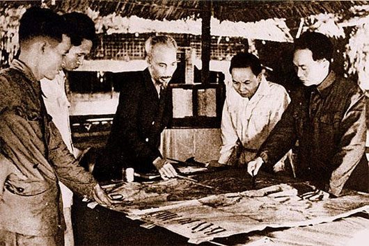 General Giap and leaders coordinating the plan for the Dien Bien Phu campaign in 1954