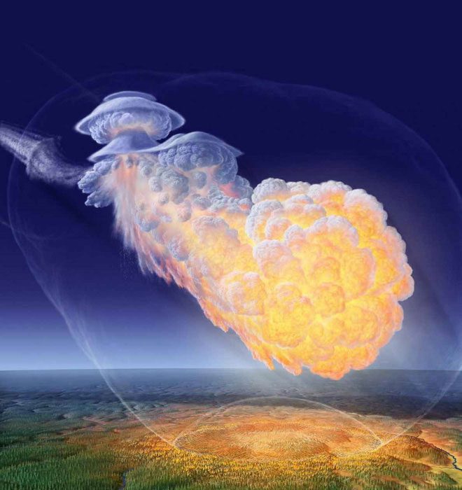 Reconstructed image of the horrific aerial explosion in 1908 known as the "Tunguska Event."