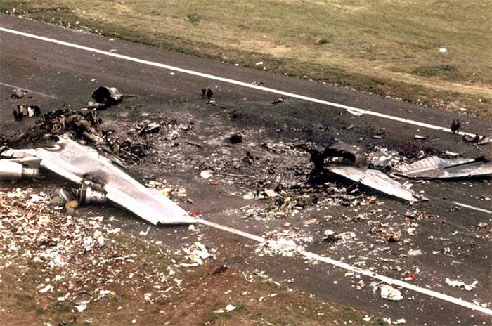 Debris from Pan Am Flight 1736 scattered across the Los Rodeos runway.