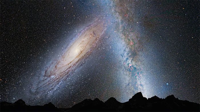 The "monster" galaxy Andromeda positioned next to the Milky Way as viewed from Earth