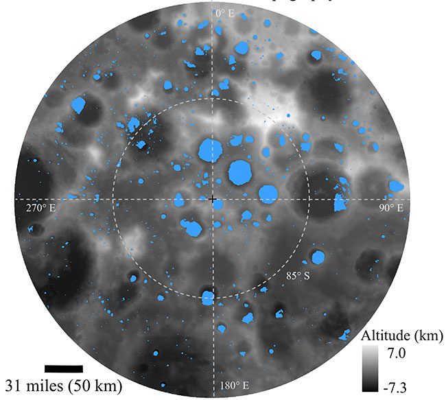 Many permanently shadowed regions marked in blue