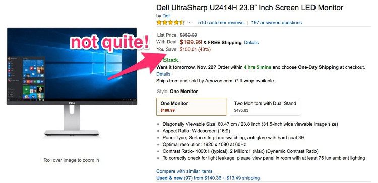 Screenshot from the CCC website of a "seemingly good" computer monitor deal.