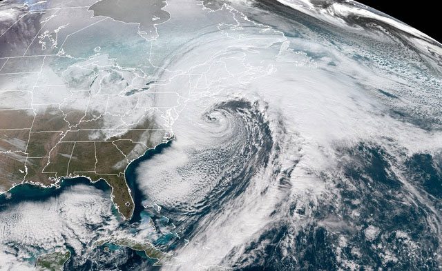 Explosive cyclogenesis (bomb cyclone) off the Eastern Coast of the United States