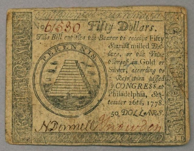 The 50 USD Confederate States dollar from 1778.