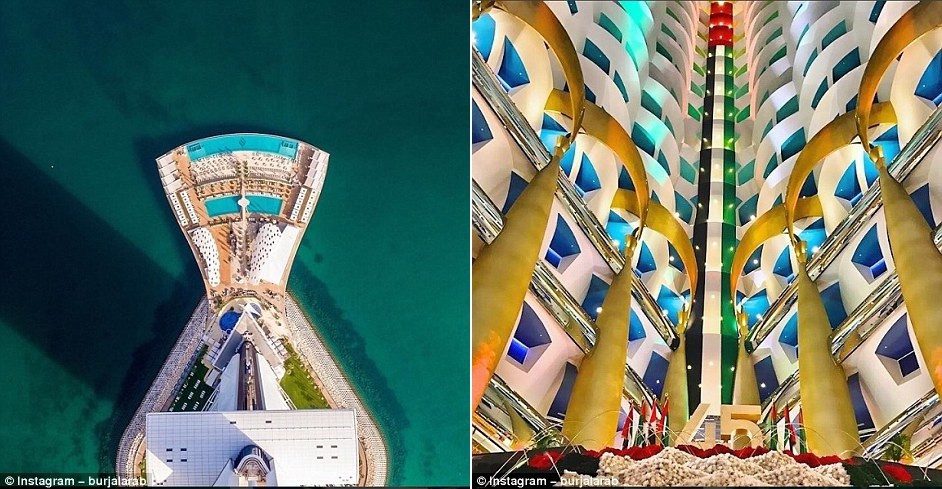 The hotel's façade from above (left photo) and the impressive lobby (right photo) leave guests in awe.