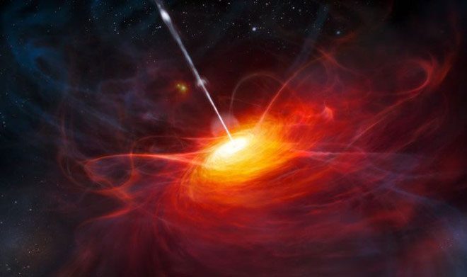 Illustration of Quasar ULAS J1120+0641 powered by a black hole 2 billion times the sun.