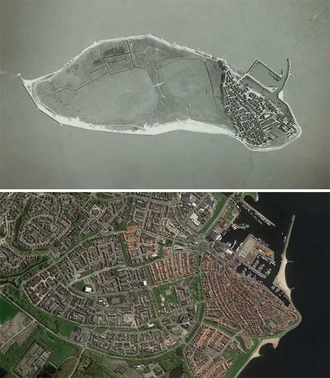 An island in the Netherlands in 1930 compared to 2020