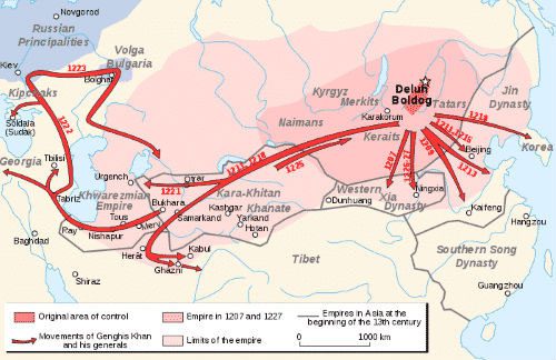 Map showing the battles that Genghis Khan personally participated in.