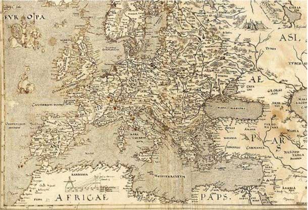 A 1570 map of Europe, depicting Hy-Brasil in a different location