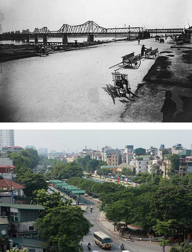 The Long Bien bus station today and when it was still called Bamboo Wharf