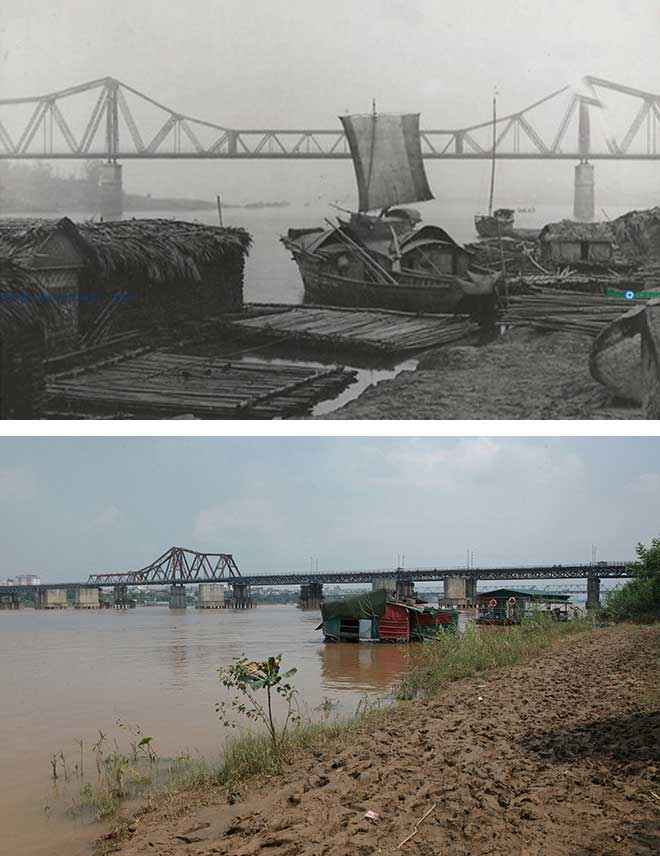 Images of the Red Riverbank under Long Bien Bridge then and now.