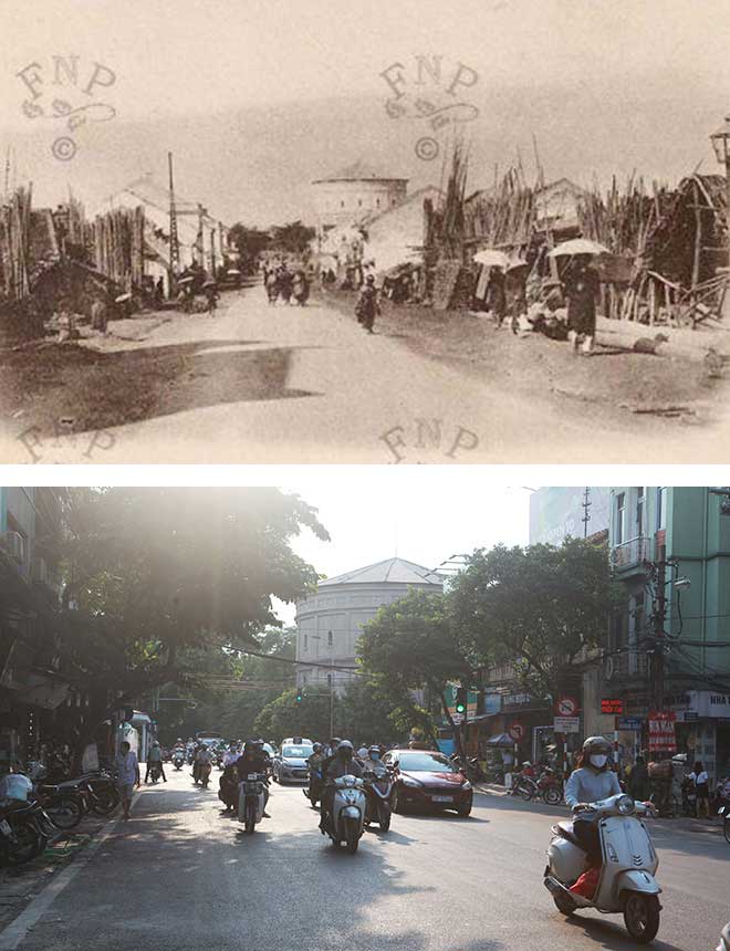 The bamboo market on Hang Dau Street in 1906, with sparse houses and dirt roads, compared to today.