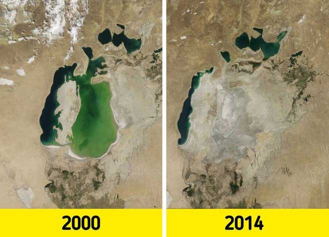 The Aral Sea, once the fourth largest lake in the world, has been divided into several parts.