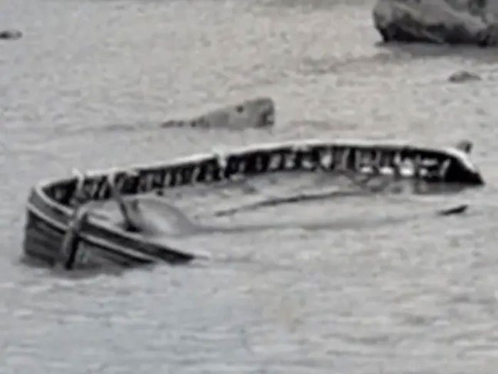 The lifeboat lying abandoned in a lagoon.