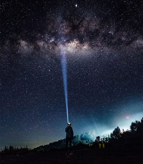 Shining a flashlight into the sky