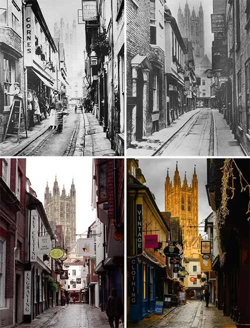 Butchery Lane and Canterbury, England from 1895 - 1920 and 1992 - 2022