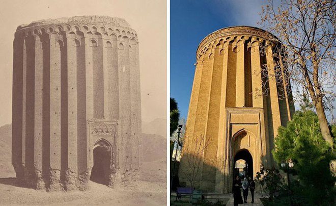 Toghrol Tower, 1000 years old, in Rey, Iran. The first photo was taken in 1840.