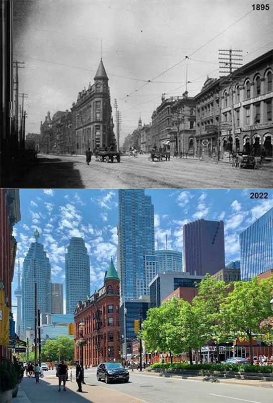 Gooderham Flatiron Building, Toronto, Canada in 1895 and 2022