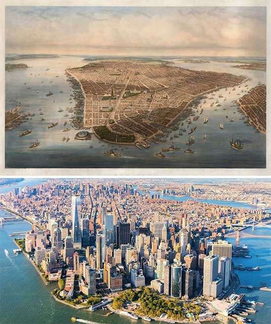 Famous Manhattan neighborhood, New York, USA in 1851 and 2022