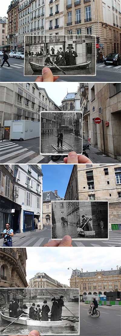 Paris streets after the great flood of 1910 and now.