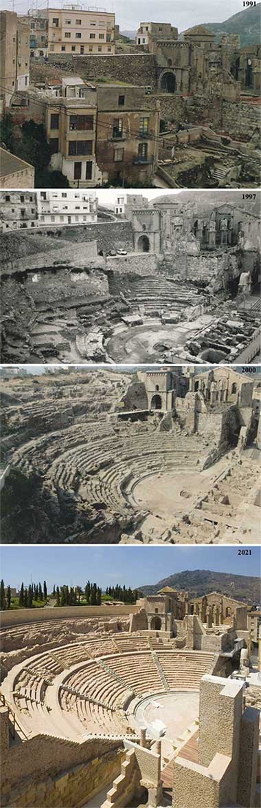 Roman Theater Cartagena, Murcia, Spain in 1991 compared to 2021.