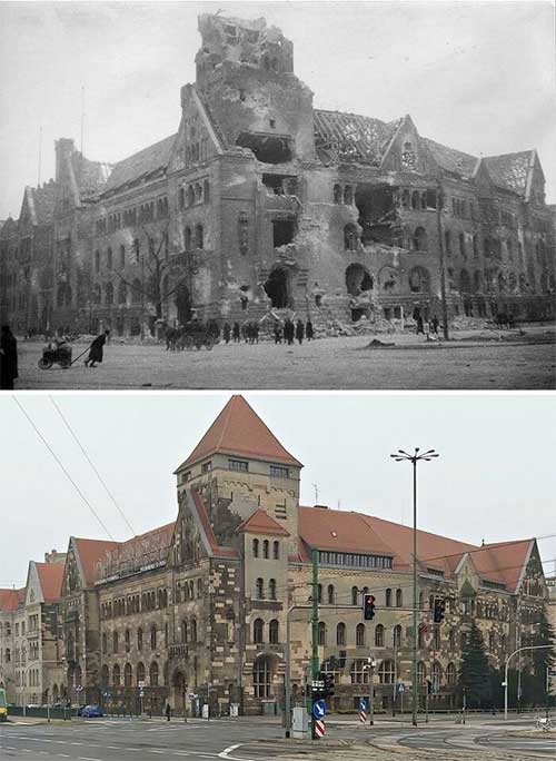 Old Town Square Poznań, Poland during World War II compared to 2021.