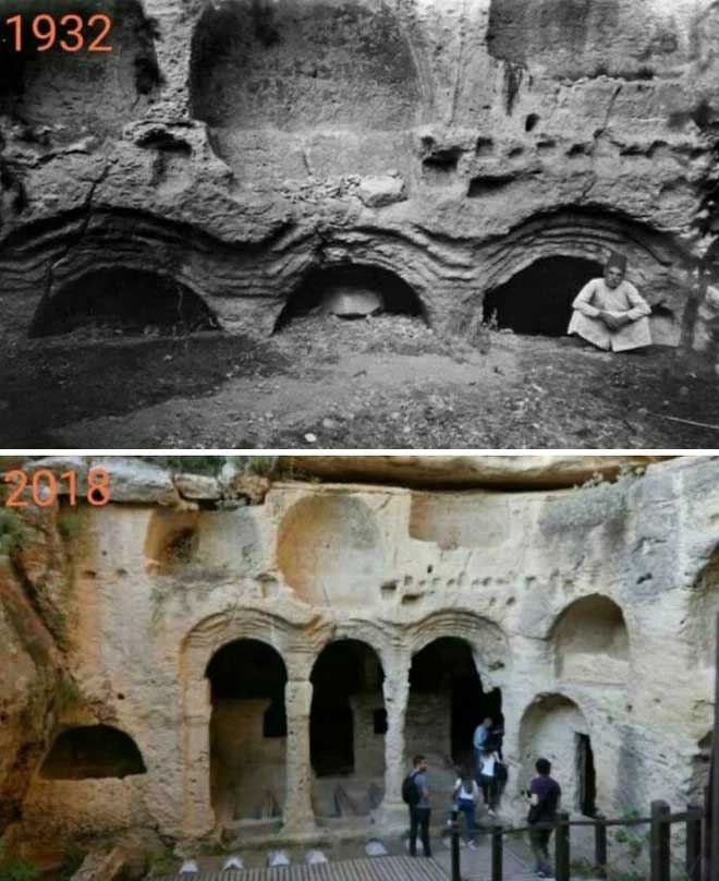 Besikli Cave Tomb in Hatay, Turkey in 1932 and 2018.