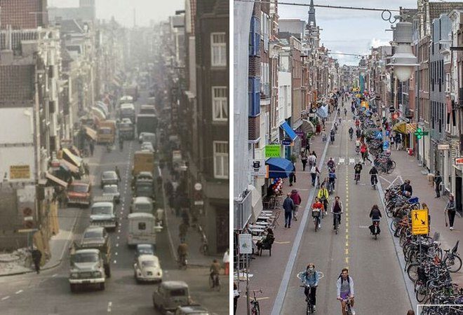 Haarlemmerdijk Street in Amsterdam, Netherlands in 1971 and 2020.